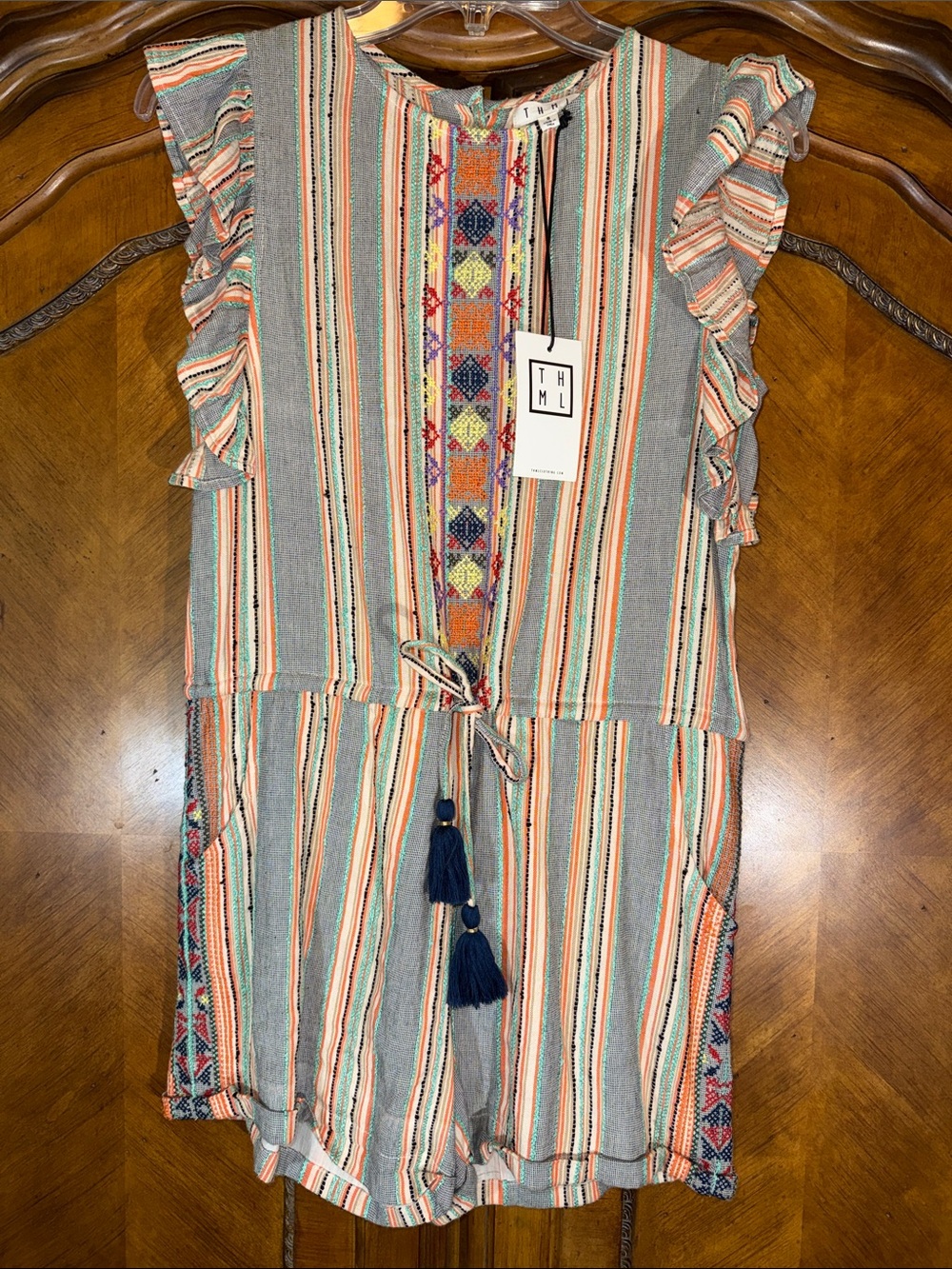 THML Striped Embroidered Romper in Gray, Coral & Teal